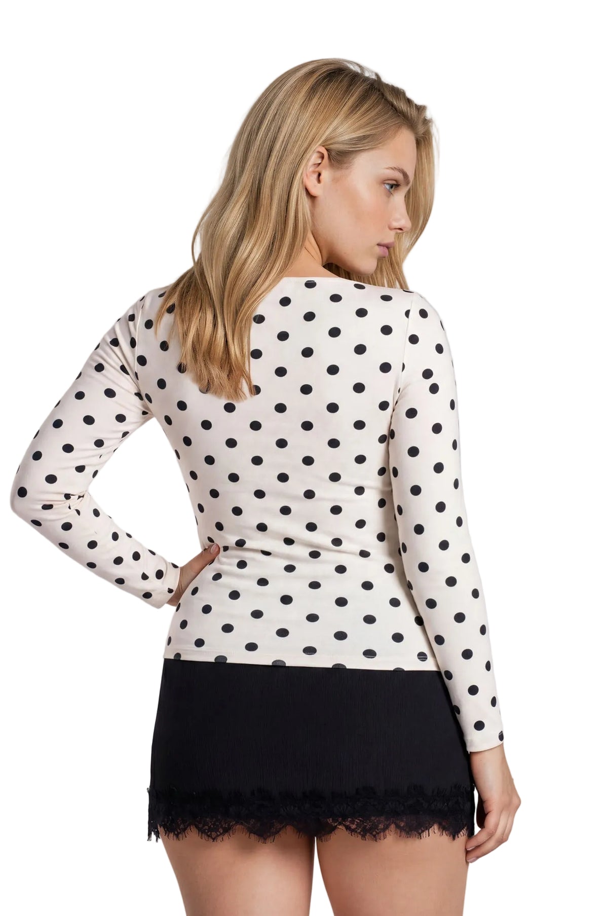 Polka Dot Boat Neck Long Sleeve Knit Top