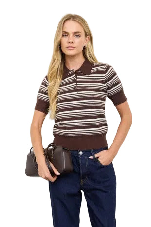 Striped Polo Short Sleeve Sweater Knit Top