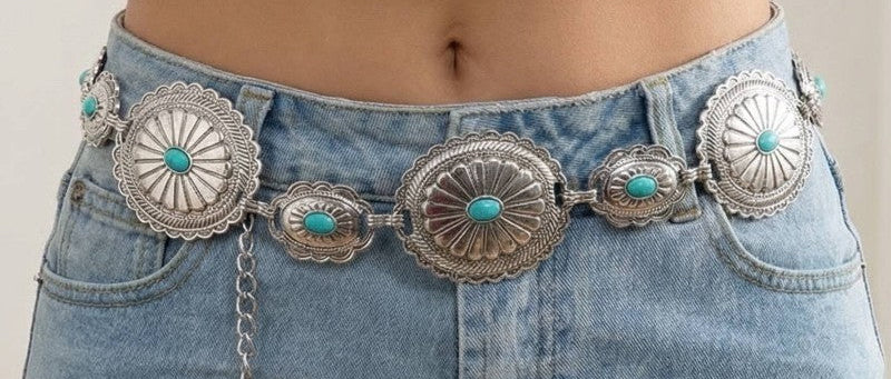 Silver Turquoise Flower Concho Disc Chain Belt