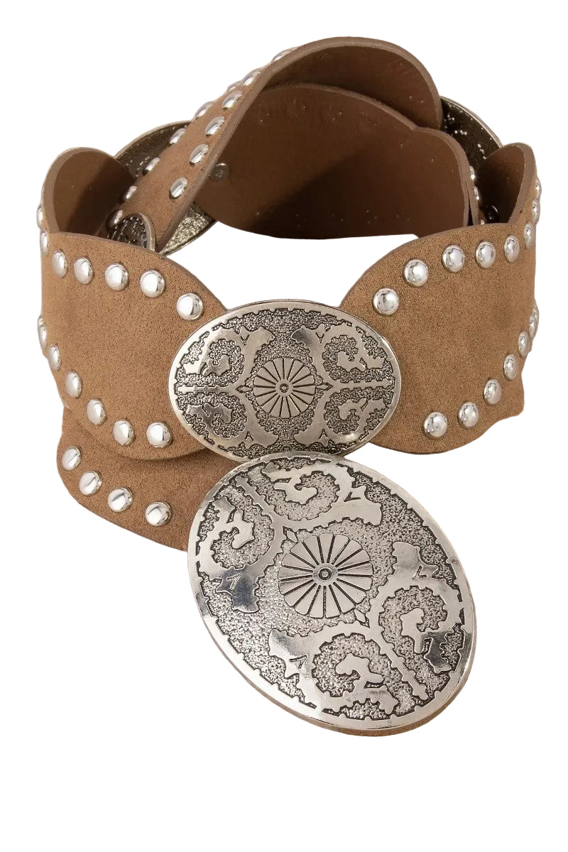 Taupe Western Oval Concho Studded Trim Vegan Leather Belt