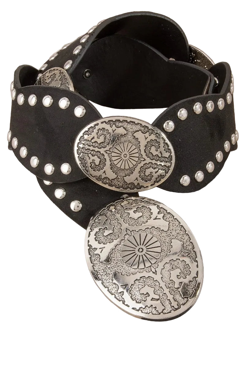 Black Western Oval Concho Studded Trim Vegan Leather Belt
