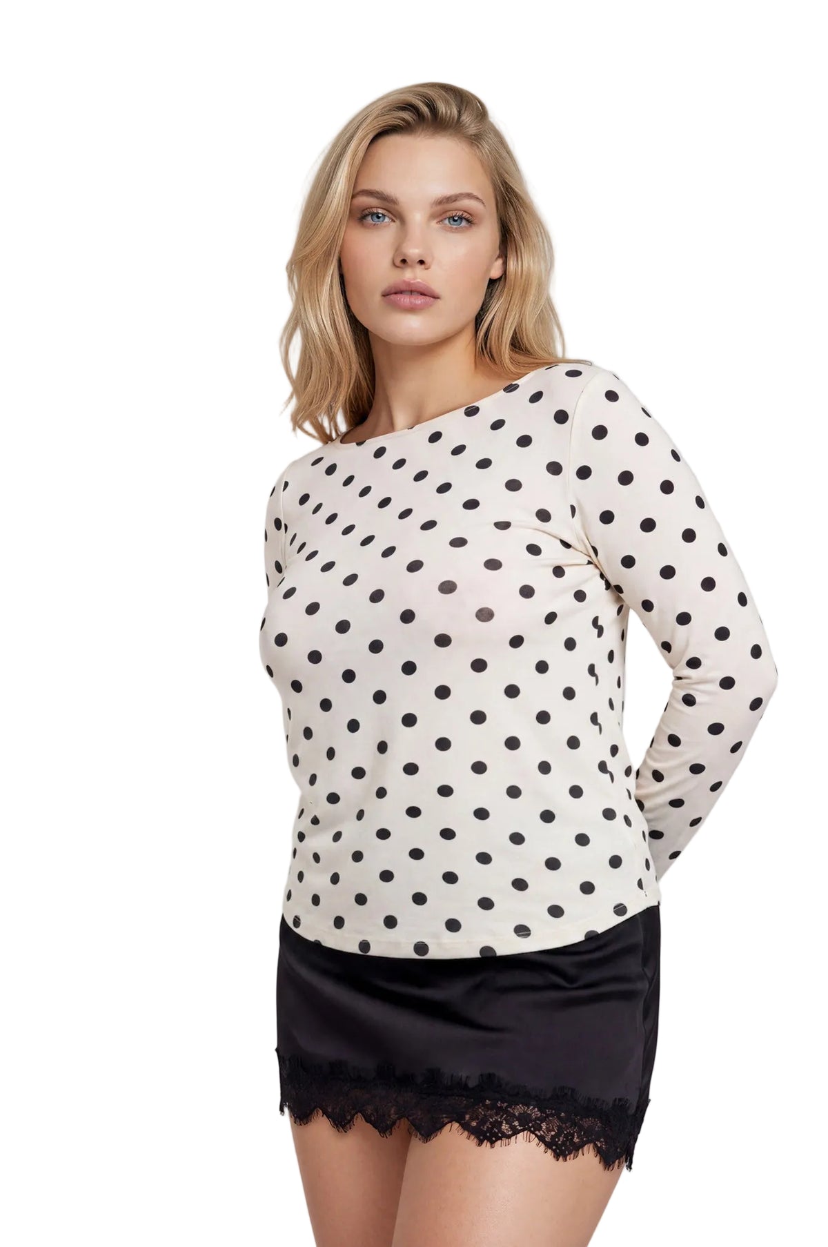 Polka Dot Boat Neck Long Sleeve Knit Top