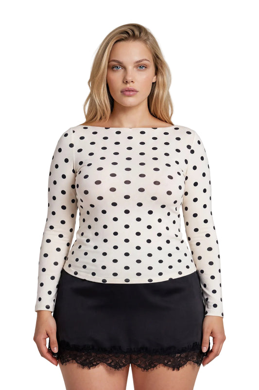 Polka Dot Boat Neck Long Sleeve Knit Top