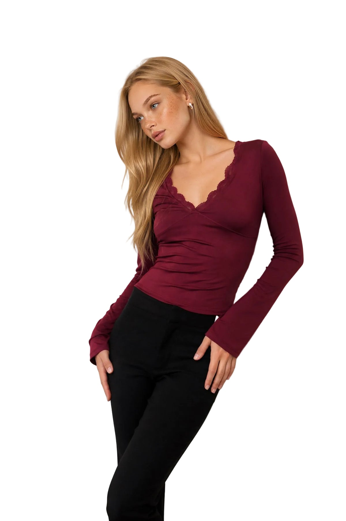 Lace Trim V-Neck Bell Sleeve Top