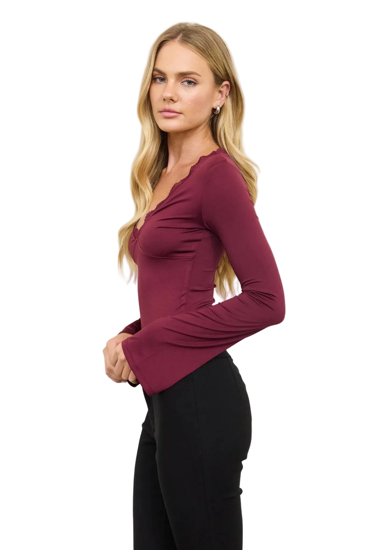 Lace Trim V-Neck Bell Sleeve Top