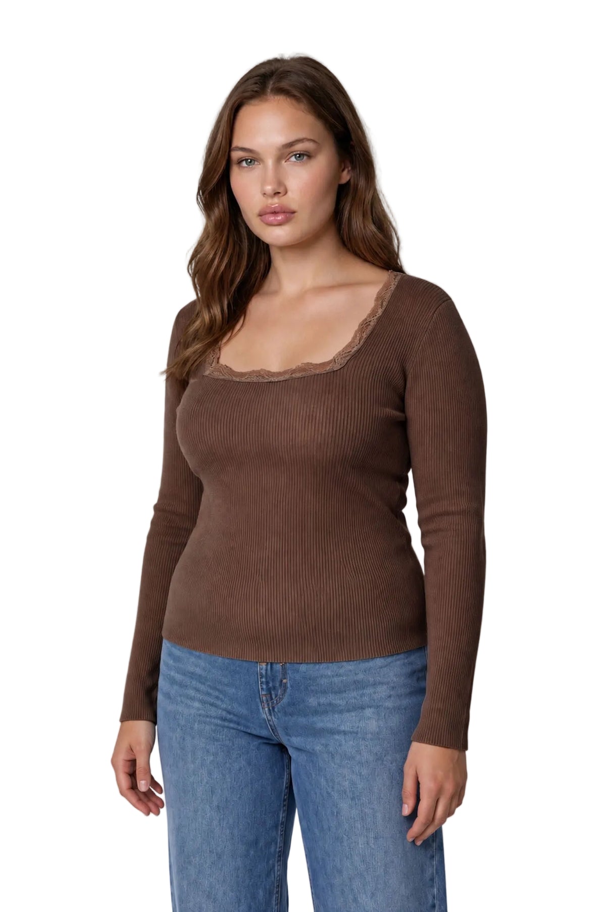 Square Neck Lace Trim Sweater Top