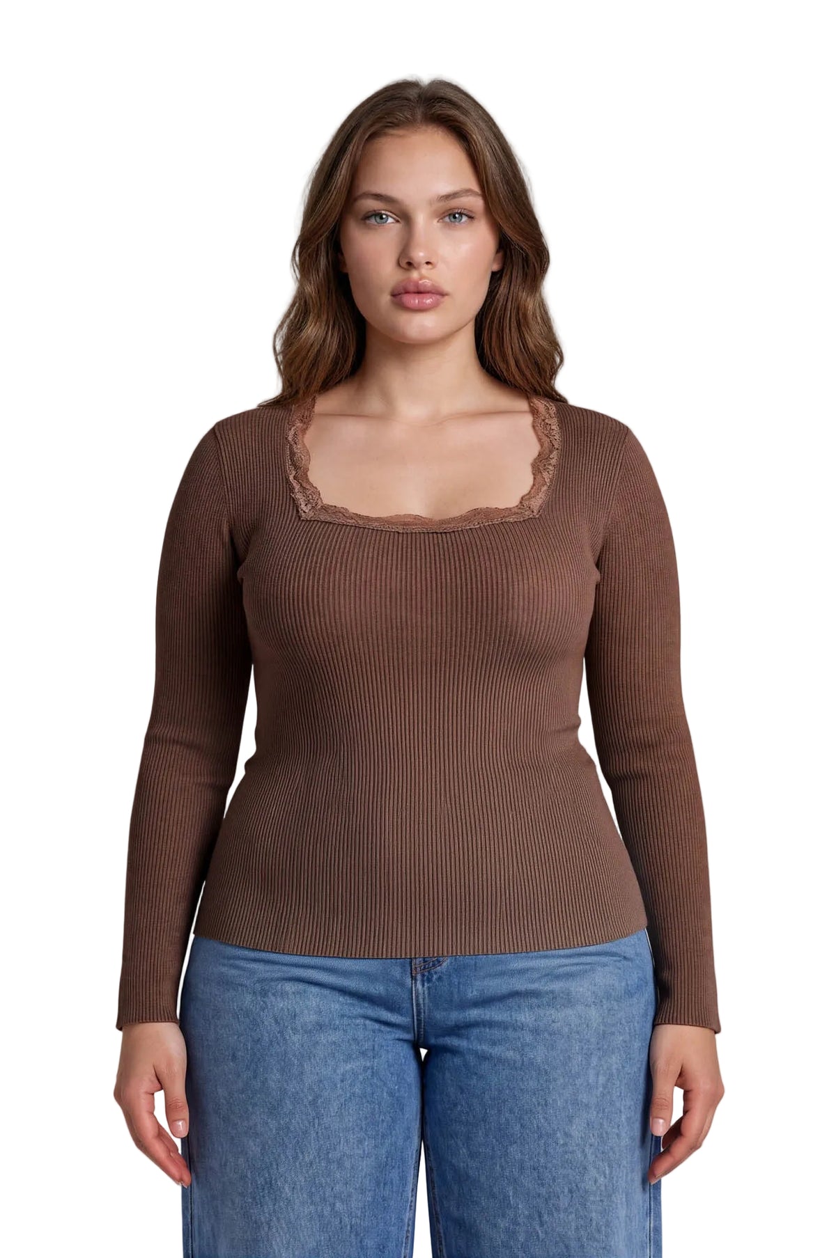 Square Neck Lace Trim Sweater Top