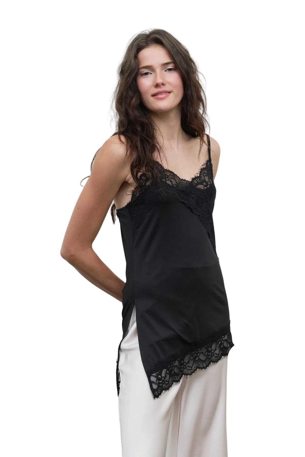 Lace Trim Knit Cami Top - Black