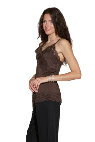 Lace Trim Knit Cami Top - Brown