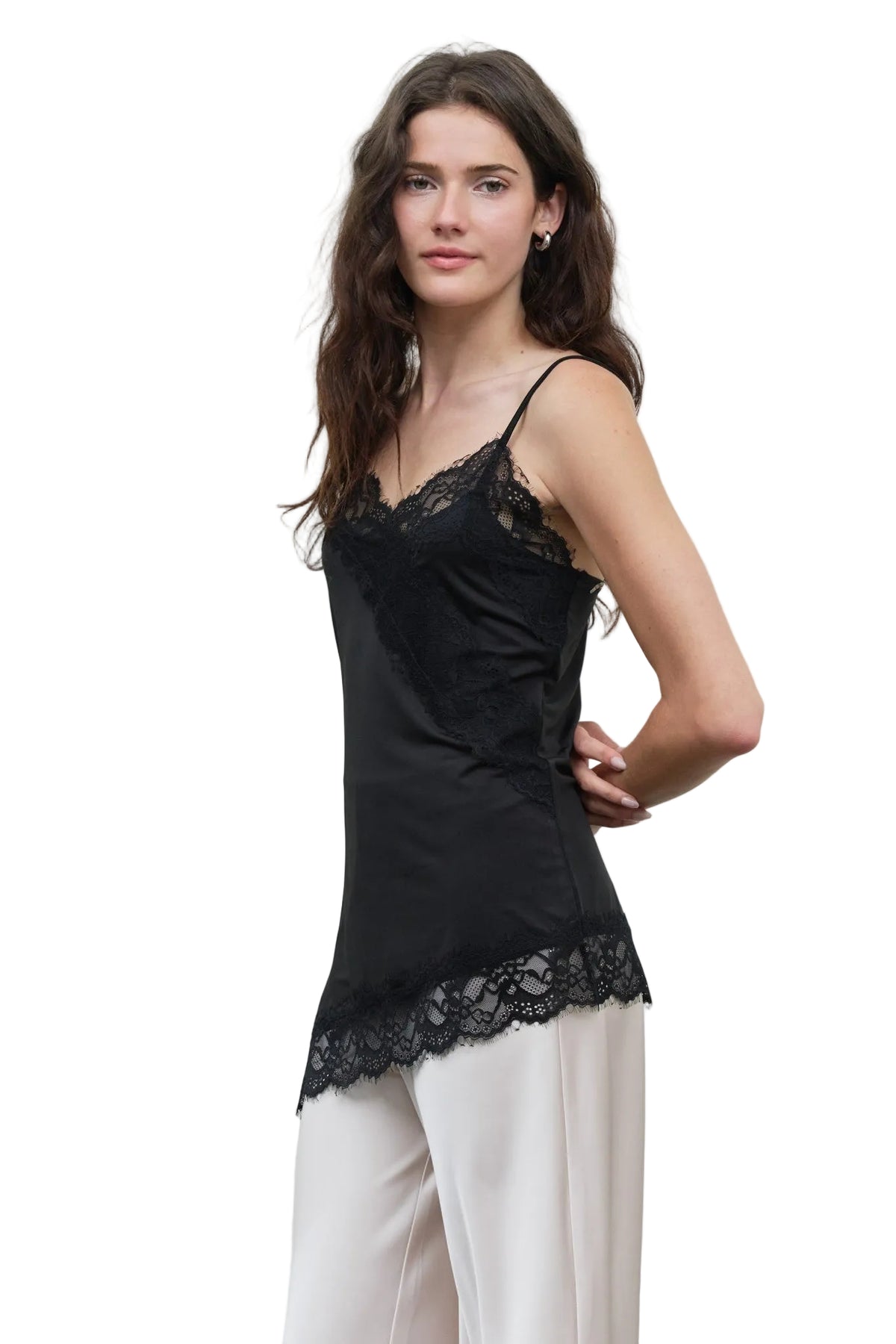 Lace Trim Knit Cami Top - Black