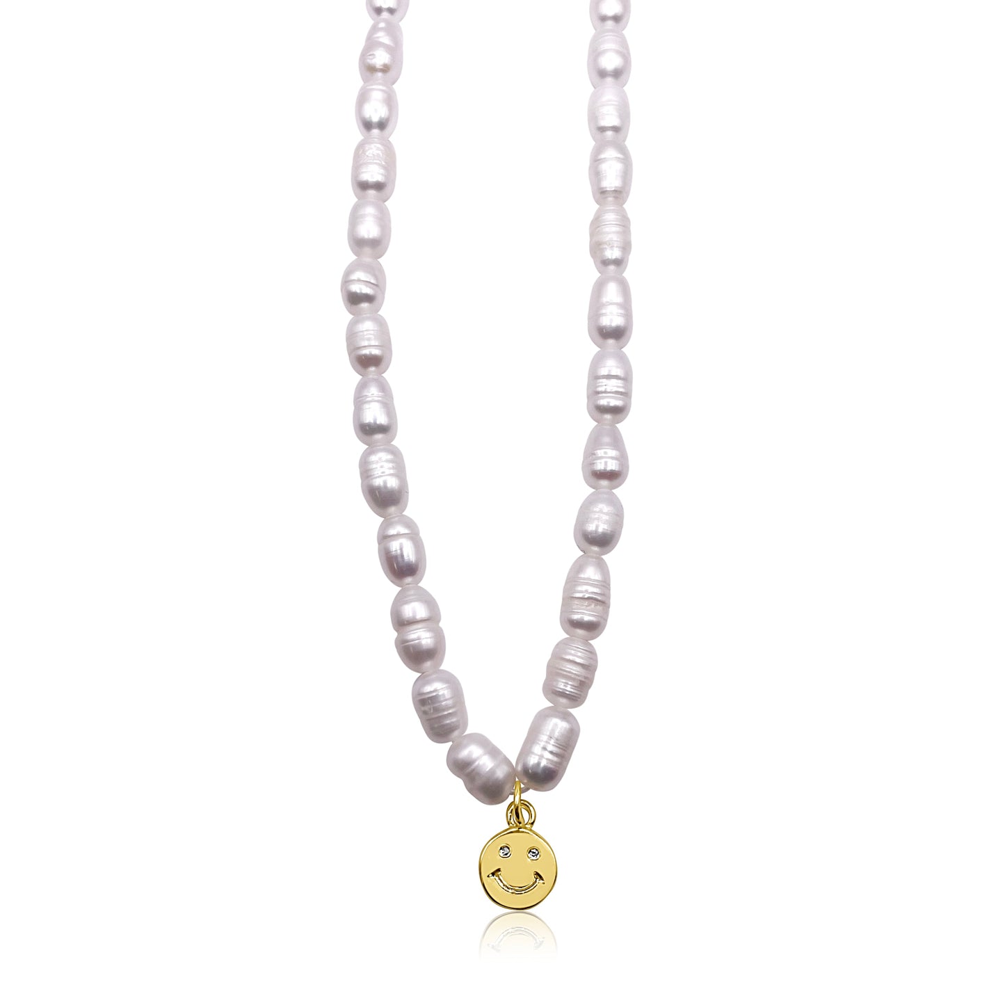 Pearl Necklace with Gold Smiley Pendant 16"