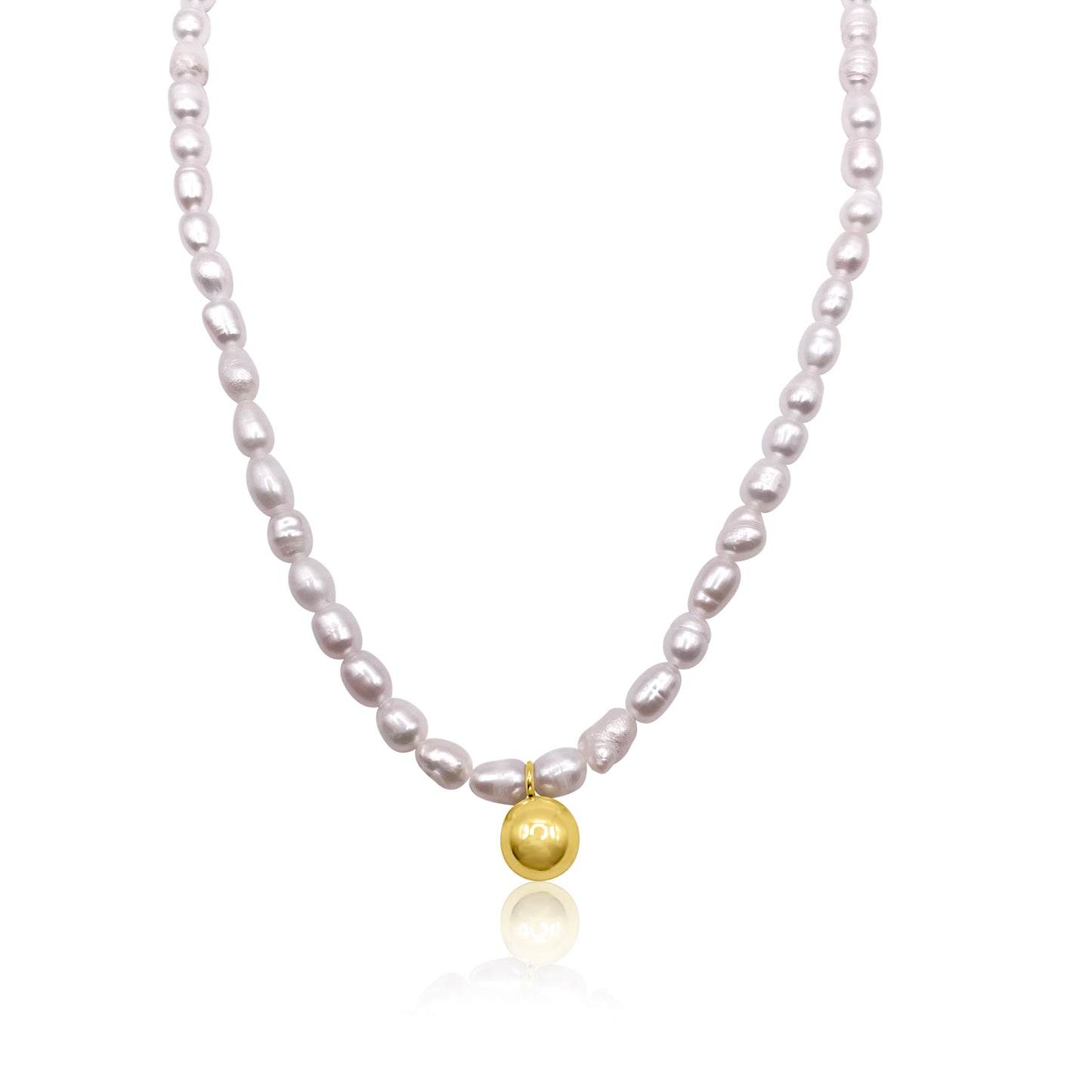 Pearl Necklace with Gold Sphere Pendant 16"